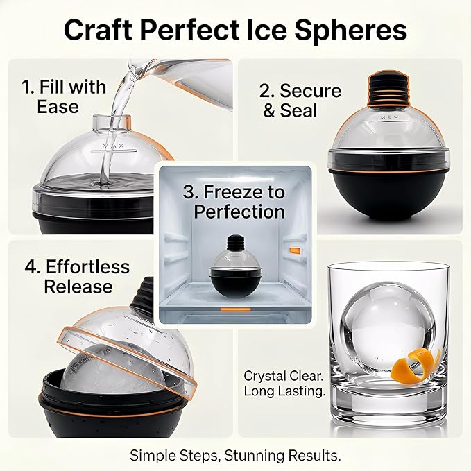 Whiskey Ice Ball Mold 5 Pack, 2.6 Inch Large Sphere Ice Maker with Lids, Food Grade Silicone Easy Release Ice Cube Molds for Home Bar, Cocktail, Bourbon, Scotch, Reusable Ice Ball Maker for Parties