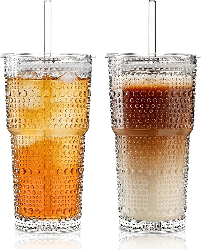 INSETLAN 20oz Hobnail Glass Cups with Lids and Glass Straws – 2 Pieces, Thick-Walled Glass Tumblers for Iced Coffee, Smoothies, Milk, Water, Juice, and More – Elegant and Durable Drinking Glasses