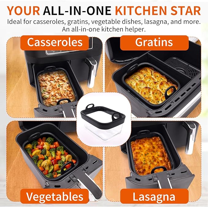 Air Fryer Glass Liner with Removable Silicone Ring, Reusable Liners Compatible for Ninja Foodi DZ201, DZ401, DZ550, COSORI, Chefman, Instant Air Fryer, and 6-in-1 8-10QT AirFryer Baskets