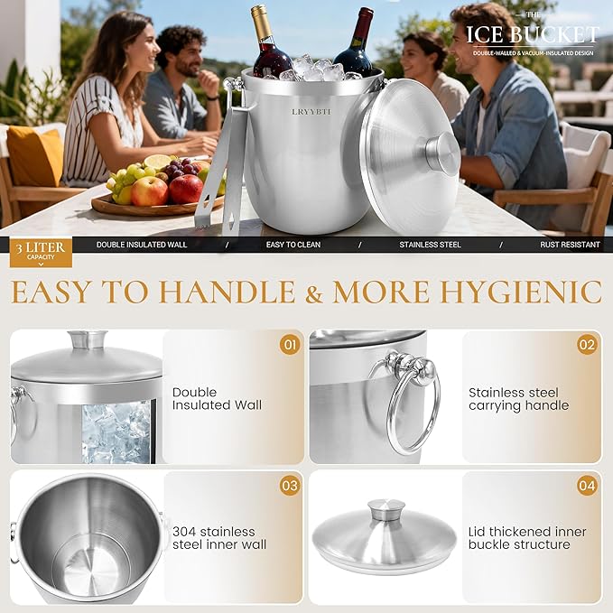 Ice Buckets for Parties with Lid,Tongs and Strainer (3L/Silver) Double Wall Stainless Steel Ice Bucket Keeps Frozen Longer,Ideal Perfect for Parties, Cocktail bar, Chilling Wine, Champagne