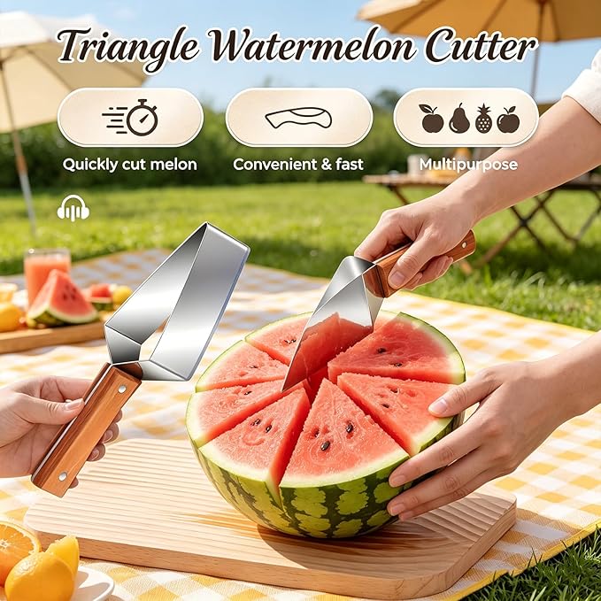 Watermelon Cutter Slicer Tool, Watermelon Slicer Stainless Steel with Wooden Handle for A Wide Variety Watermelon, Cantaloupe, Honeydew, Apples, and More (3Pcs)