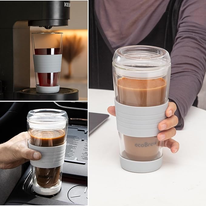 16oz Double Wall All Glass Tumbler with Lid, Dishwasher Safe & Microwavable Glass Travel Mug, Clear Coffee Tumbler To Go, Reusable Ceramic Cup for Hot & Cold Drinks