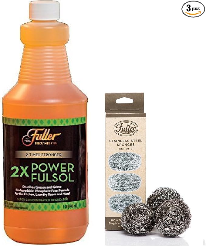 Fuller Brush 2X Power Fulsol Degreaser Kit – Heavy-Duty Cleaner Concentrate + 3 Stainless Steel Scrubbers – Cuts Grease, Oil & Grime (Degreaser with Scrubber)