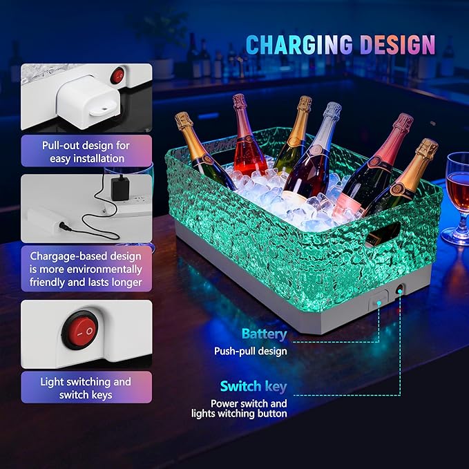 15L LED Ice Bucket for Parties, Rechargeable 7-Color Light Up Beverage Tub, Clear Acrylic Glacier Texture Wine Cooler, Leakproof Drink Chiller for Home Bar & Entertaining