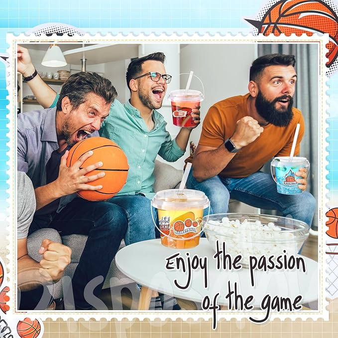 Funnymoom 30 Set Basketball Drink Buckets with Lids and Straws Clear Plastic Cups Disposable Rum Cocktail Pails with Handles & Stickers for Adult Sports Watch Party Favors Hoops Game Day & Tailgate