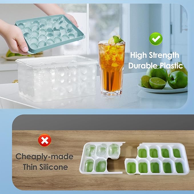 WIBIMEN Ice Cube Tray with Lid and Bin - Round Ice Trays for Freezer with Lid - Ice Cube Trays for Freezer with Ice Container (0.8"-2PACK Blue)