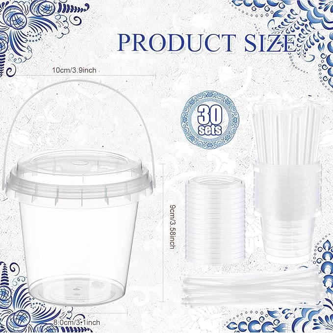 Funnymoom 30 Set Chinoiserie Drinks Buckets with Lids and Straws 24oz Blue and White Floral Clear Plastic Cups Disposable Rum Cocktail Pails with Handles & Stickers for Wedding Bridal Shower Birthday