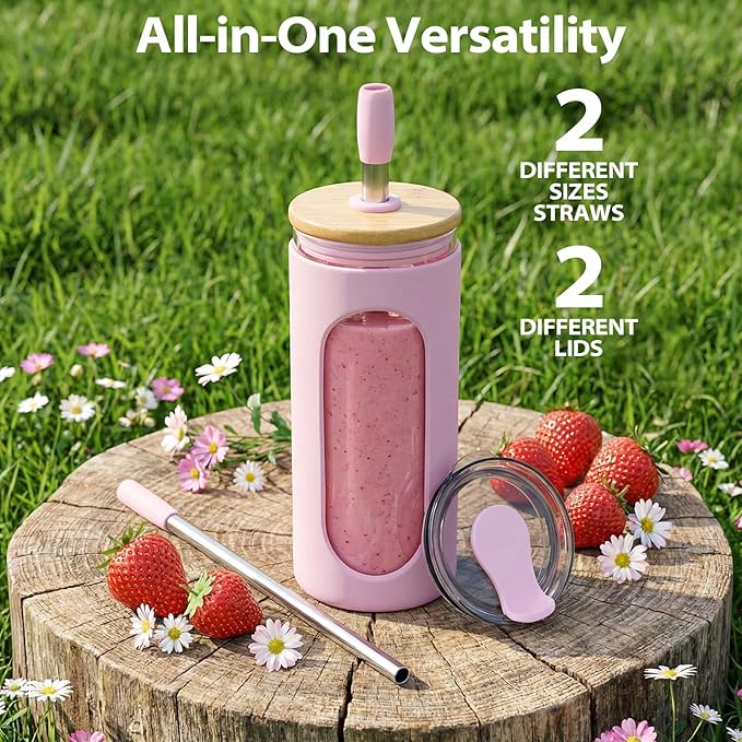 Sursip Glass Matcha Cup with Straws and Lids, 20 oz Reusable Borosilicate Glass Iced Coffee Cup with Lids for, Smoothie, Boba, Juice,Travel to Go Tumbler BPA-Free - Lime Green