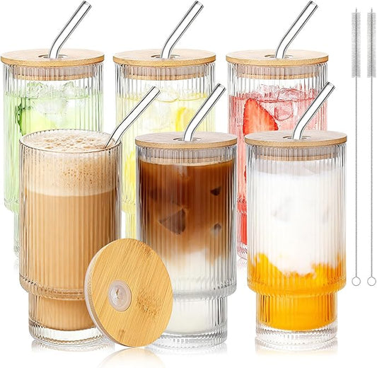 16oz Glass Cups with Lids & Straws,Glass Tumbler with Straw and Lid, Trendy Ribbed Design & Stackable for Iced Coffee/Cold Brew, Perfect for Home/Office by Coffee Lovers & Commuters (16OZ-6PACK)