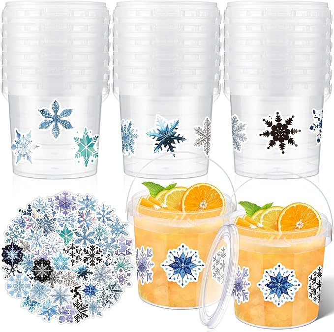 PerKoop 20 Pcs 32 oz Ice Cream Buckets with Lids and Handles Clear Cocktail Rum Buckets with Stickers Plastic Transparent Tub Reusable Food Storage Containers for Parties(Snowflake)