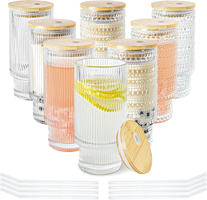 8 Pcs 16 oz Hobnail Glasses Cups Set with Bamboo Lids Straws Brush Hobonail Ribbed Glassware Set for Juice Iced Coffee Beer Cocktail Whiskey