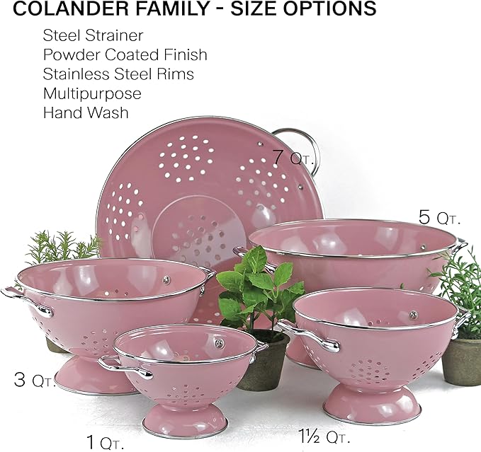 Reston Lloyd, 1 Quart Powder Coated Steel Kitchen Strainer Basket for draining Pasta, Vegetable and Fruit, Chrome Handles and Wide Stable Base, Pink