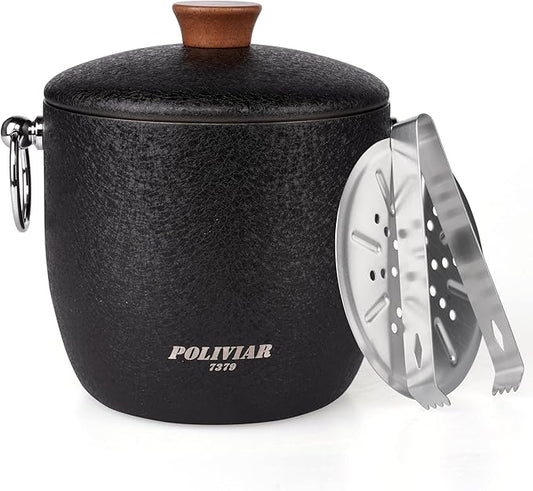 POLIVIAR Ice Bucket, 2.5L Double Wall Ice Bucket with Lid, Stainless Steel Ice Bucket with Tong & Strainer, Ice Bucket for Cocktail Bar, Home & Parties, JX2023-IBLB