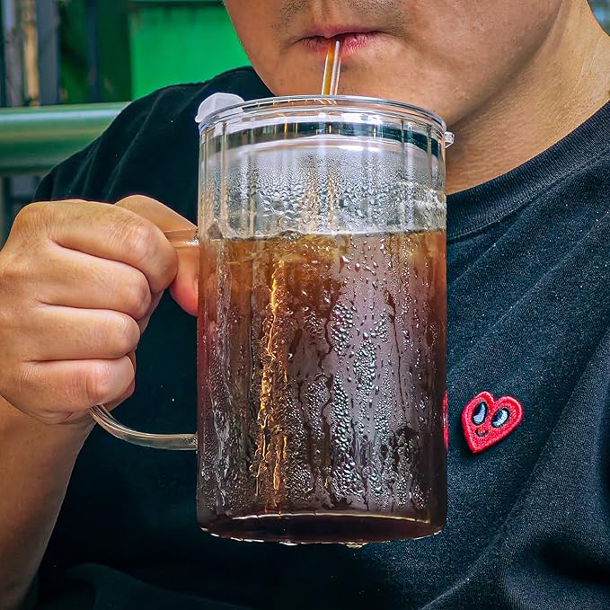 20oz Glass Tumblers with Lids and Straws - Stylish Vintage Ribbed Design for Iced Coffee, Juice, Smoothies, Milkshakes, Cold Beverages & Whiskey Cocktail Beer (Thick Inner Ridge)
