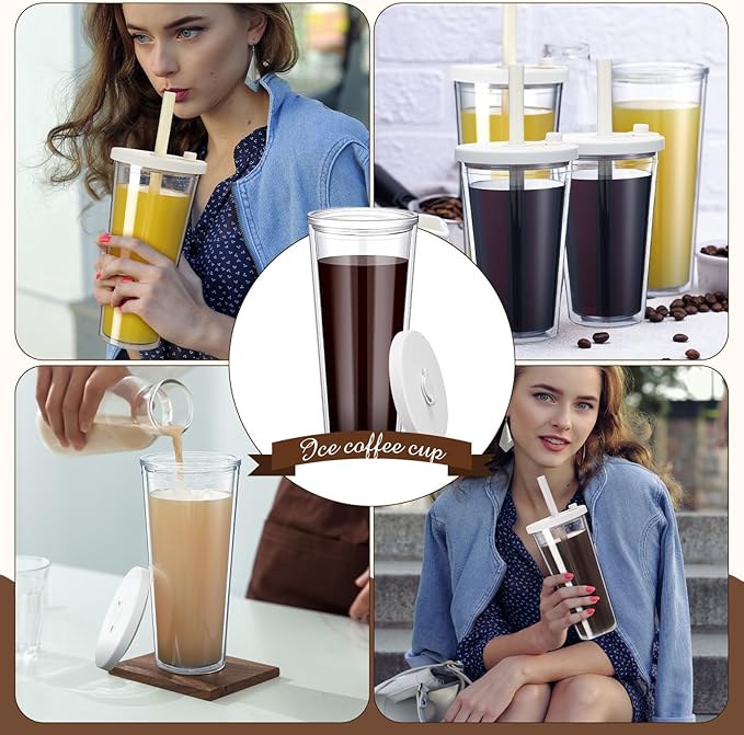 Honeydak 2 Pack 24 oz Reusable Iced Coffee Cups with Lids and Straws Leakproof Double Wall Insulated Clear Plastic Iced Coffee Tumblers with Straw Brushes