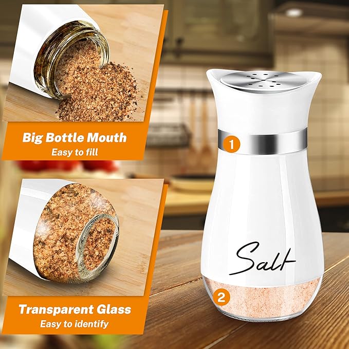 Salt and Pepper Shakers Set,4 oz Glass Bottom Salt Pepper Shaker with Stainless Steel Lid for Kitchen Cooking Table, RV, Camp,BBQ Refillable Design (White)