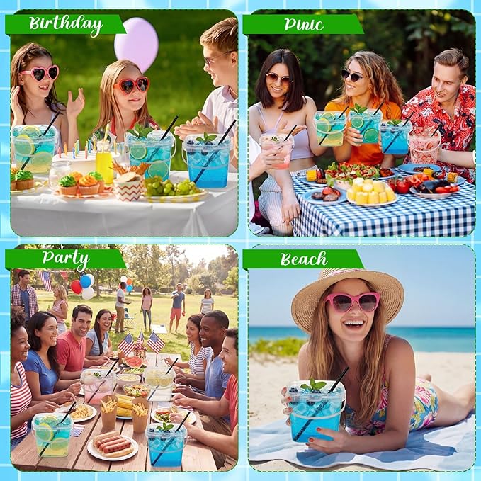 100 Pcs 17 oz Square Clear Drink Buckets with Lids and Straws Reusable Plastic Bucket Cups with Handle for Ice Cream Coffee Cocktail Large Food Safe Party Cup for Pool Beach Bar Birthday