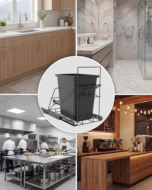 Pull Out Trash Can Under Cabinet Adjustable Trash Can Holder for 7 to 11 Gallon Bin Bottom Mount Slide Out Trash Rack for Narrow Cabinets(Black, No Bin Included)