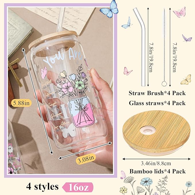 Mumufy 4 Pack Christian Inspiration Flower Glass Cup with Bamboo Lid and Straw Tumbler Iced Coffee Mugs 16 oz Glass, Mothers Day Birthday Women Religious Gift for Mom Sister Bridesmaid Baby Shower