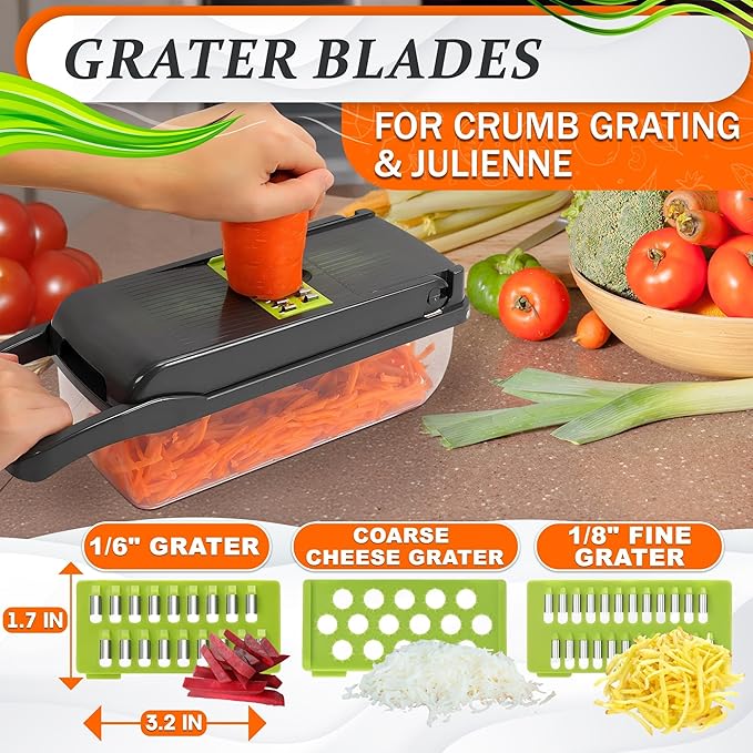 14-in-1 Vegetable Chopper with Container – Veggie Chopper with Container and Lid Includes 6 Blades, Cheese Grater, Egg Separator | Finger Guard, Dishwasher Safe – Veggie Dicer for Chips, Cubes, Strips