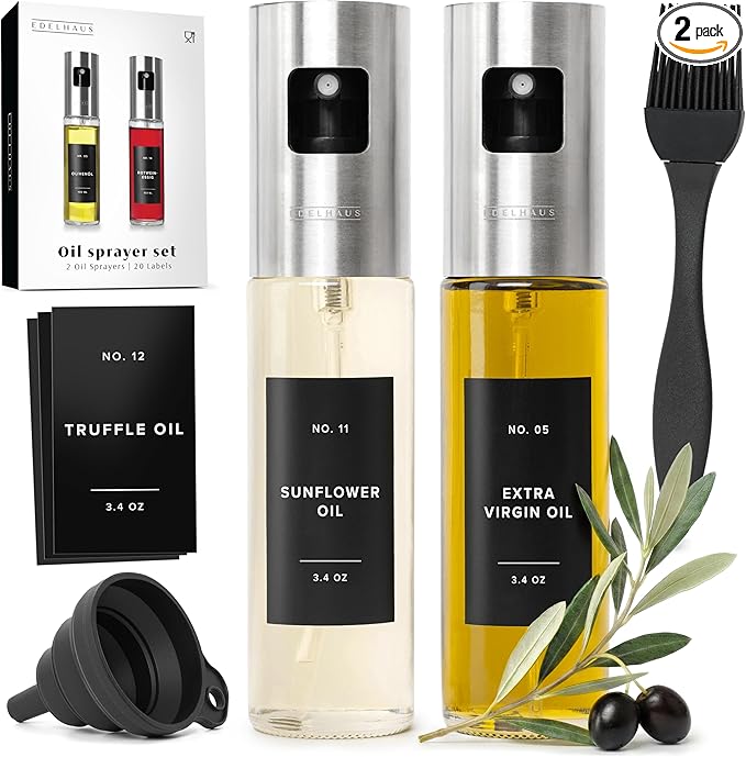 EDELHAUS Oil Sprayer Set of 2 – Oil Spray Bottle Made of Stainless Steel & Glass, for Healthy Cooking, Sprayer for Precise Dosage, for Cooking Oil & Vinegar Including 20 Labels, Funnel