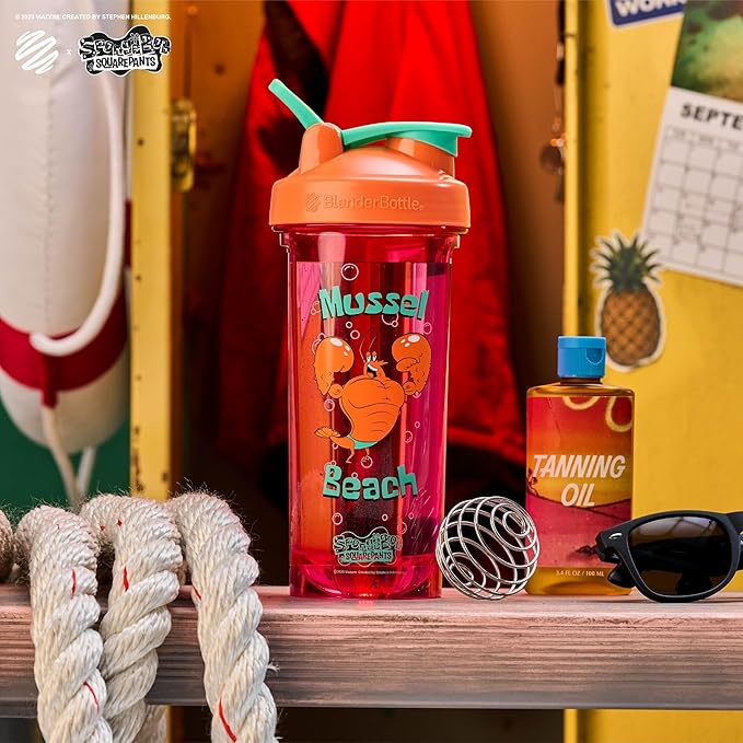 BlenderBottle Spongebob Shaker Bottle Pro Series Perfect for Protein Shakes and Pre Workout, 28-Ounce, Orange/Pink, Mussel Beach