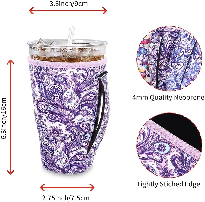 4Pack Reusable Iced Coffee Sleeve Insulator Sleeves for Cold Drinks Beverages, Neoprene Cup Holder for Most Coffee, Fits 30-32oz Large Cups (Paisley)