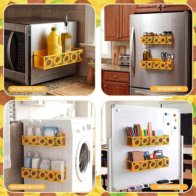 Beeveer 2 Pack Sunflower Magnetic Spice Rack for Refrigerator Metal Magnet Basket Shelf for Fridge Seasoning Storage Organizers Home Decor Kitchen Accessories (White)