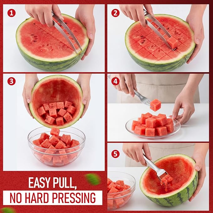 LemonRoad 2 Pcs Watermelon Cutter Slicer Set, 2-in-1 Stainless Steel Fruit Cutter with Fork & Watermelon Cutters Tool for Easy Cubes, Quickly Melon Slicer Tool Set for Home Party Camping Kitchen