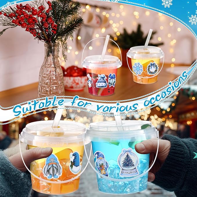 Funnymoom 30 Sets Clear Plastic Cups 24 oz Ice Cream Buckets with Lids & Straws Disposable Drink Cups Cocktail Pails Bulk with Handles and Stickers for Outdoor Beach Birthday Pool Party(Winter)