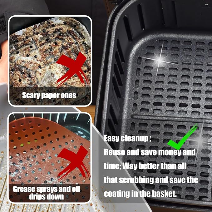 Golden Associate Silicone Liners Rectangle 2 Pcs for Air Fryer Dual Basket 8 to 10 Qt, Food-grade Reusable Baking Tray Fit Ninja DZ201 DZ401 DZ550, 4 to 5 Qt Each, Airfryer Accessories Grey