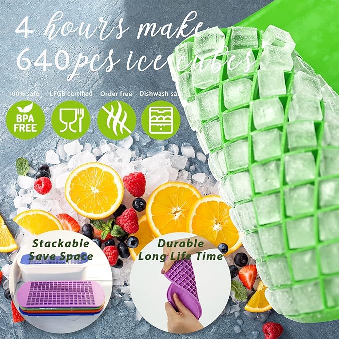 Mini Ice Cube Trays for Freezer with Bin and Scoop, 4 Pack 640 Small Nugget Ice Cube Tray Silicone BPA Free, Tiny Crushed Ice cubes Maker Molds for Chilling Coffee Juice Cocktail Whisky Boba