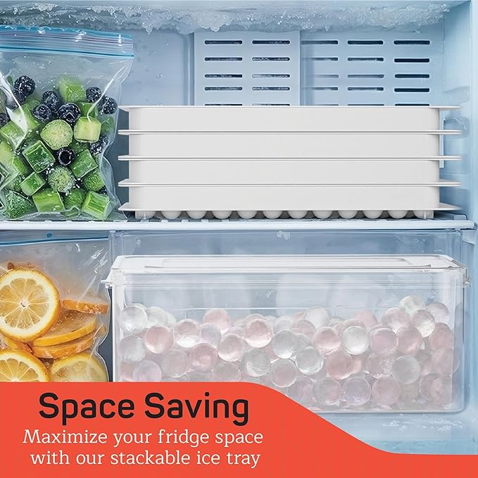 Emporio Kitchen Round Ice Cube Tray Set Pack of 4, BPA-Free Stackable Trays with Lid & Tongs, 104 Ice Balls Per Tray for Whiskey, Drinks, and Cocktails, Quick Release Round Ice Cube Mold, White