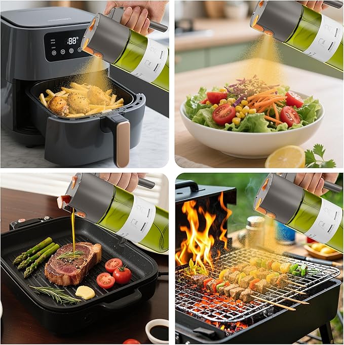 LAKUMIQI 2 in 1 Oil Sprayer for Cooking, 17oz Light-Blocking Glass Spray Bottle with Stickers, Oil Dispenser for Salad, Air Fryer & BBQ