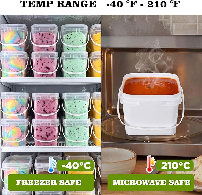 ASEVAT 6 Pack Square Plastic Buckets with Lids & Handles, 1L/2L/3L White & Clear Food-Grade Storage Pails, Stackable Airtight Containers for Food, Pantry & Cleaning Supplies