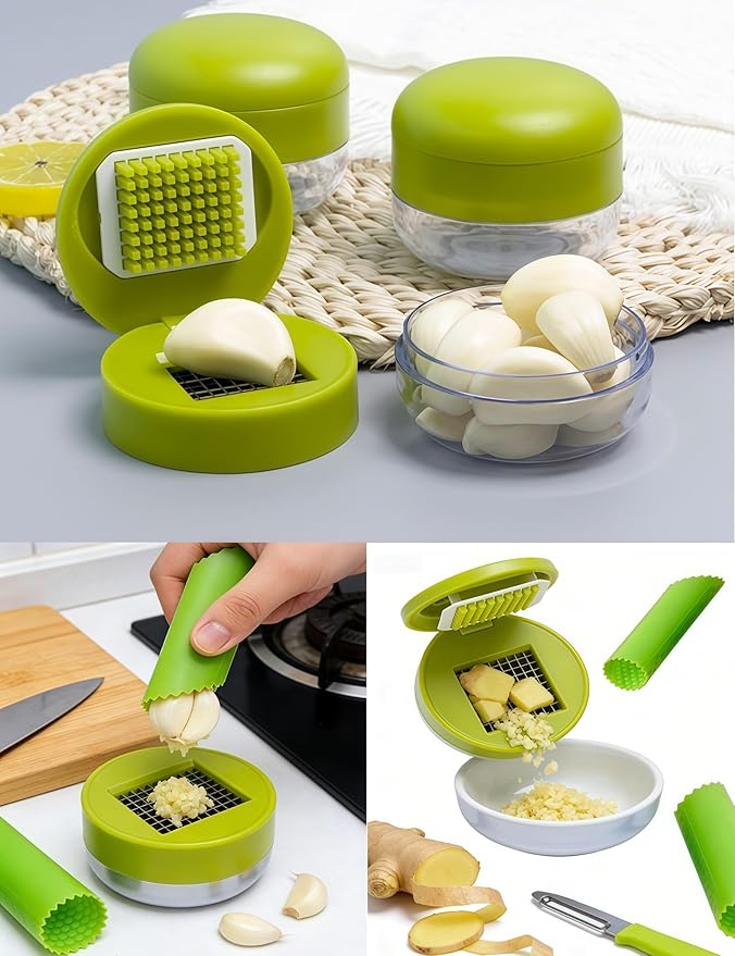 3 Pack Stainless Steel Garlic Press, Garlic Mincer Tool Storage Container, Peeler Skin Cleaning Brush for Home Cooks/Chefs
