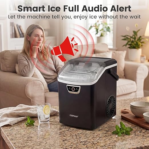 COSTWAY Nugget Ice Maker Countertop with Handle, 33 Lbs/24H Soft Chewable Ice, Ready in 6 Mins, Auto-Cleaning, Audible Ice Full Alarm, Portable Sonic Ice Machine for Home Kitchen Office, Black