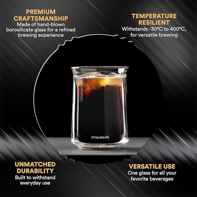 ovalware Double Wall Single Lip Insulated Glass Cup, Set of 4 (12oz / 350ml) - Borosilicate Glass For Coffee, Tea, Whiskey, Cocktails & All Beverages - Minimalistic & Durable Double-Wall Drinking Mug