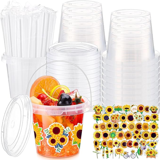 Funnymoom 30 Sets Clear Plastic Cups 24 oz Ice Cream Buckets with Lids & Straws Disposable Drink Cups Cocktail Pails Bulk with Handles and Stickers for Outdoor Beach Birthday Pool Party(Sunflower)