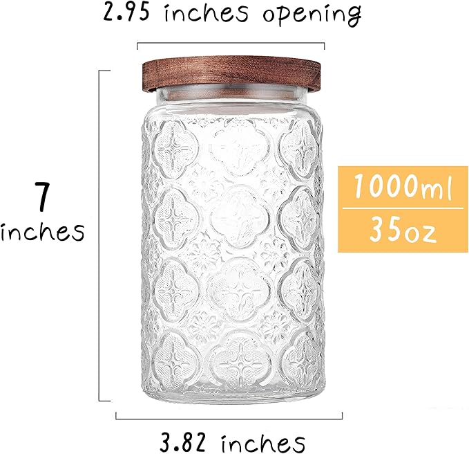 Custde Glass Storage Jars With Airtight Lid, 23.7oz Container For Kitchen Counter with Wooden Lid, brown sugar, candy, coffee, cookie, salt, tea, cute Jar (35oz Large Begonia Flowers)