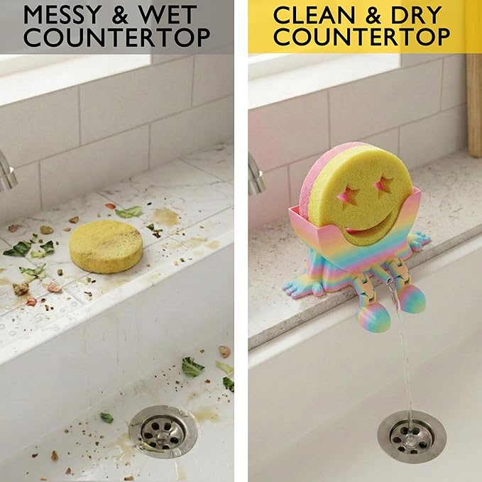 Cute Hanging Sponge Holder with Drainage & Legs, 3D Printed Funny Sink Stand for Round Sponges, Aesthetic Kitchen Sink Edge Organizer, Countertop Decor, Quick-Drying Storage Cleaning Gadget