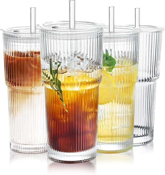 Puraville 4 Pack 20oz Glass Cups with Lids and Straws, Vintage Ribbed Glassware for Whiskey Cocktail Beer, Mason Jar Drinking Glasses Tumbler Iced Coffee Cup