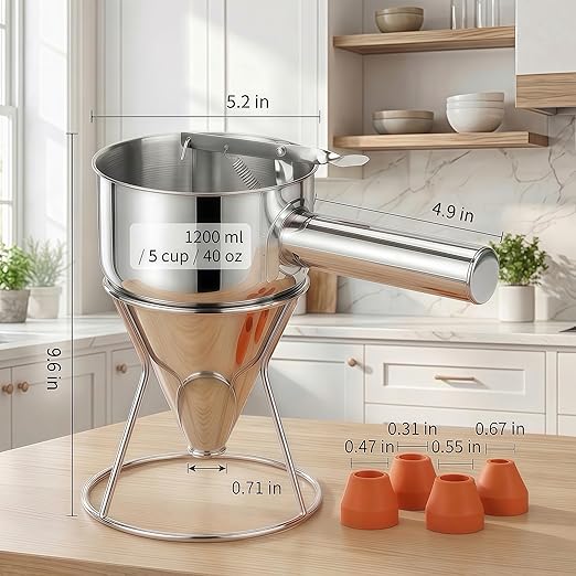 40oz Stainless Steel Pancake Batter Dispenser with Squeeze Handle & Stand, Multi-Nozzle Funnel Cake Dispenser for Pancakes, Cupcakes, Muffins, Waffles & Baking - Precise Control