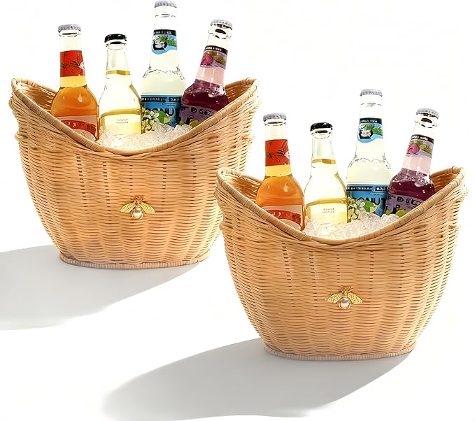 Lexenic 2 PCS Ice Bucket with Handle Hole, Woven and Acrylic Double Layer Basket Design, 4L Champagne Wine Ice Bucket for Cocktail Bar, Parties, Picnics- Anti Frozen Hands Anti Water Leakage (Rattan)