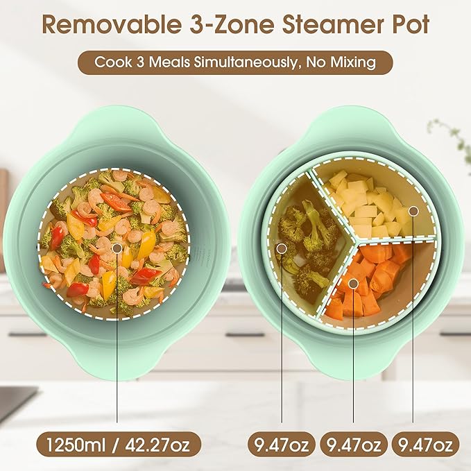 42oz Microwave Silicone Steamer 3 Compartmented, 4 in 1 Large Microwave Pot with Handle & Lid for Vegetables/Baby Food, Oven & Dishwasher Safe, Easy Clean,100% Food Grade Steamer Bowl (Green)