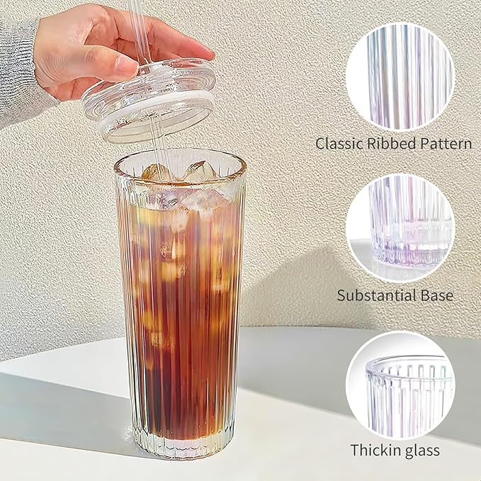 Puraville 2 Pack 18oz Glass Cups with Lids and Straws, Vintage Ribbed Striped Thickened Glassware for Whiskey Cocktail Beer, Mason Jar Drinking Glasses Tumbler Iced Coffee Cup, Rainbow