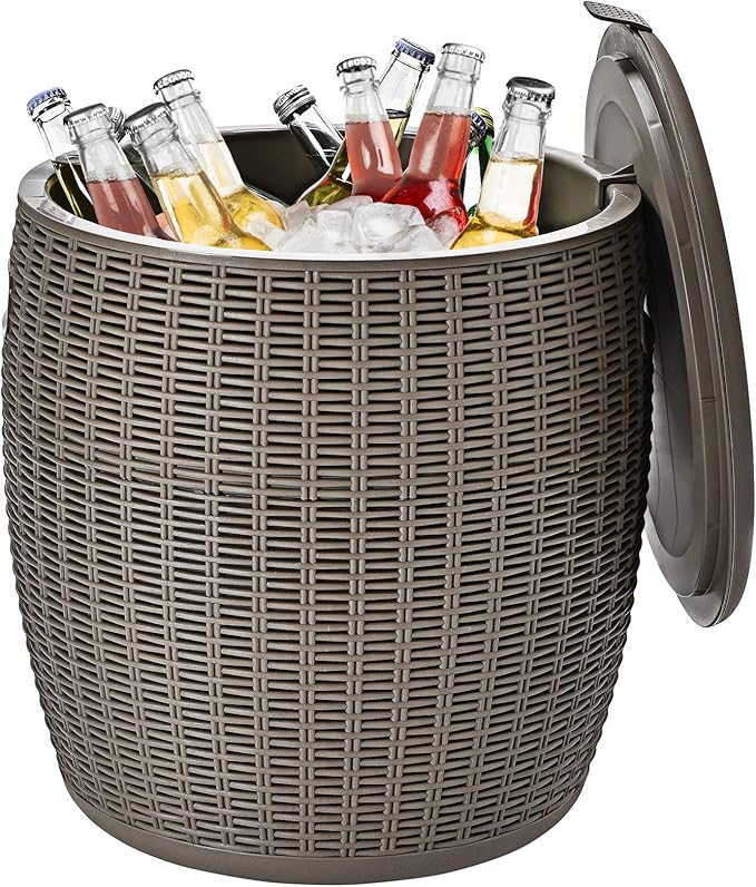 Giantex 9.5 Gallon Ice Cooler, Wicker Round Ice Chest, Outdoor Beer Wine Ice Bucket, Top Lid Side Handles Drainage Plug, Weather-resistant Patio Cool Bar Table for Cocktail Party Poolside Deck