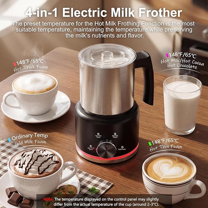 Milk Frother, 16.9 OZ Milk Frother and Steamer, 4 in 1 Electric Milk Frother Dishwasher Safe Durable Silent Frother for Coffee Hot and Cold Foam Maker (Black Stainless)