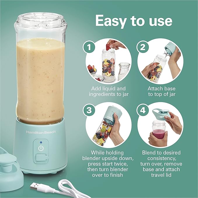 Hamilton Beach Mini Cordless Portable Personal Blender for Shakes and Smoothies, USB Rechargeable, 16 oz. Jar with Leakproof Travel Lid, 6 Stainless Steel Blades, Blue (51182)