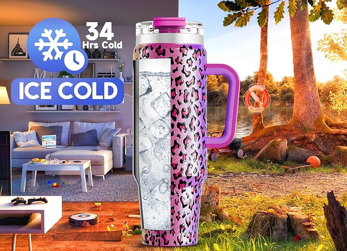 Meoky 40 oz Tumbler with Handle and Straw, Insulated Tumbler with Lid and Straw, Stainless Steel Travel Mug, Keeps Cold for 34 Hours, 100% Leak Proof, Fits in Car Cup Holder (Celebration)
